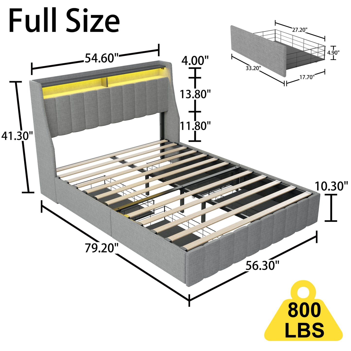 Bed With LED Lights, 4 Drawers, Winged Headboard Upholstered - The Sleep Loft - Online Mattress Showroom NYC
