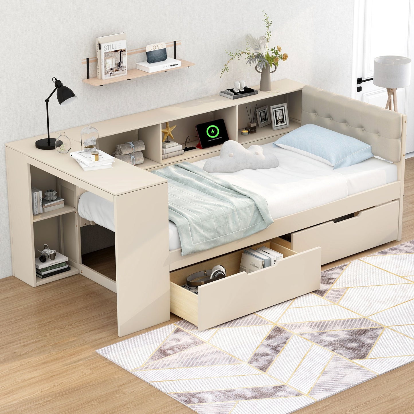 Upholstered Headboard Platform Bed With Storage Shelves, Drawers, Charging Station - The Sleep Loft - Online Mattress Showroom NYC