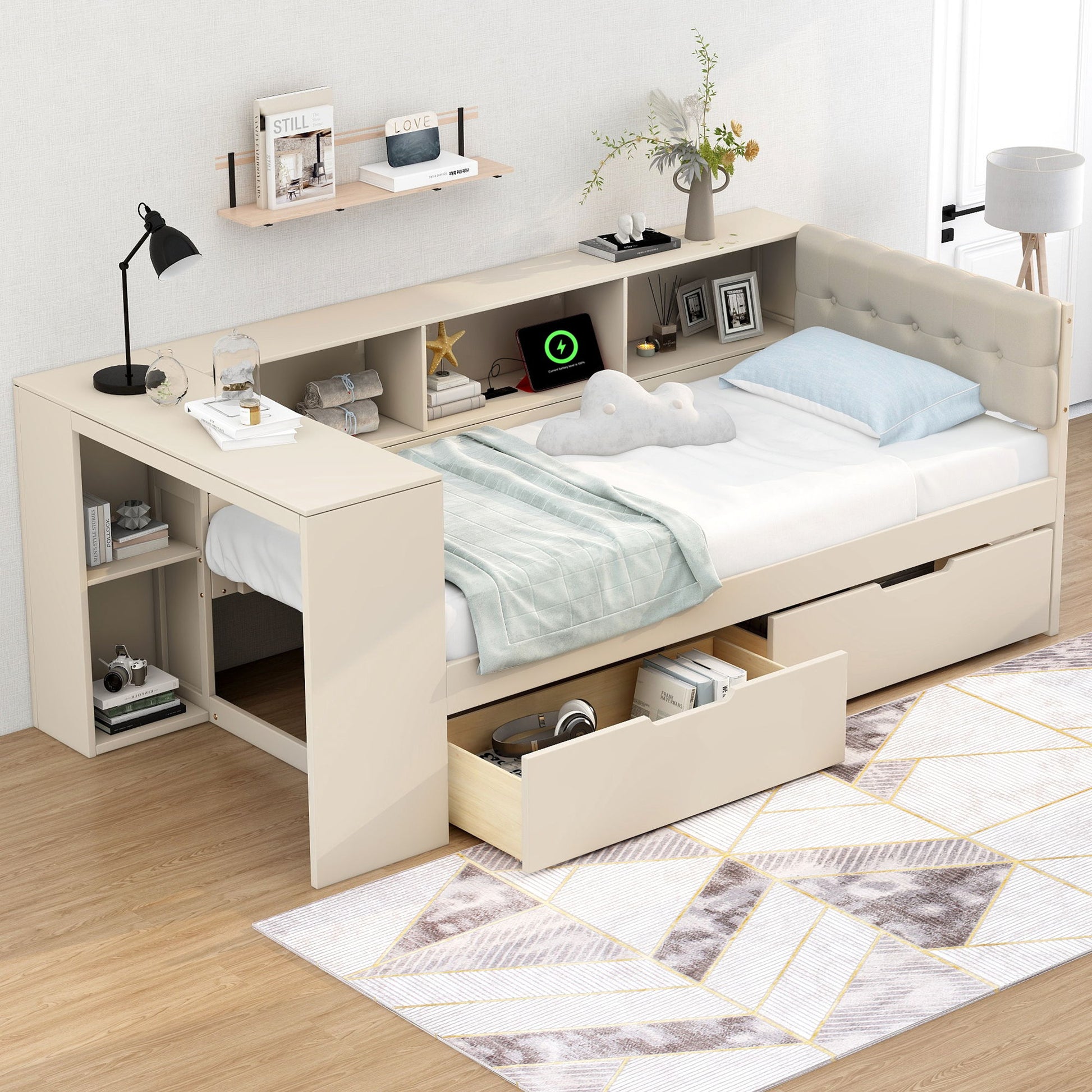 Upholstered Headboard Platform Bed With Storage Shelves, Drawers, Charging Station - The Sleep Loft - Online Mattress Showroom NYC