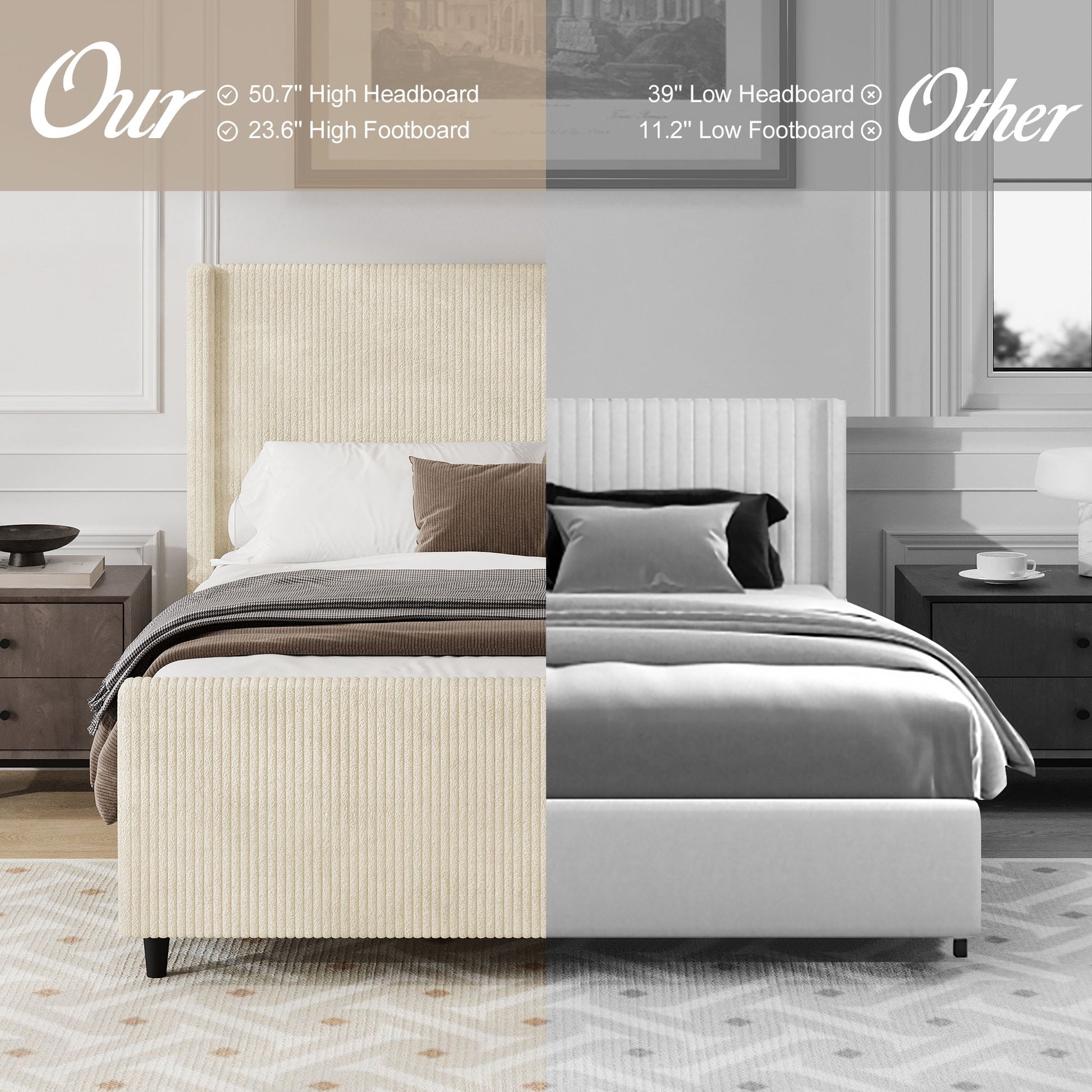 Upholstered Bed Frame With Vertical Stripe Wingback And High Footboard - The Sleep Loft - Online Mattress Showroom NYC