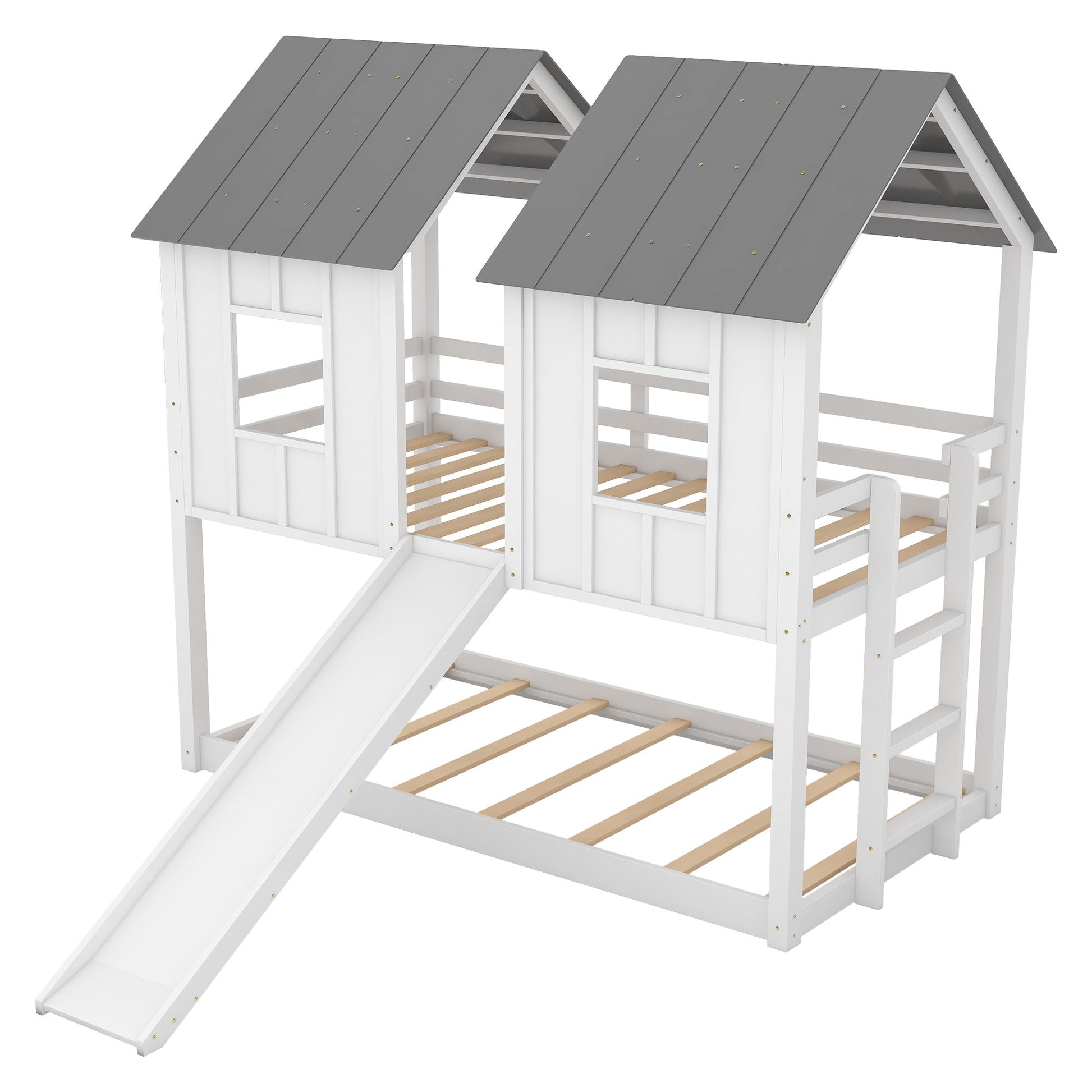 Twin Over Twin House Bunk Bed With Slide And Windows - White / Gray - The Sleep Loft - Online Mattress Showroom NYC