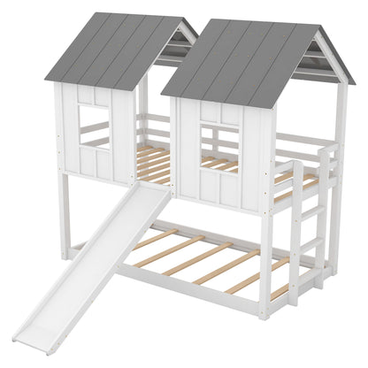 Twin Over Twin House Bunk Bed With Slide And Windows - White / Gray - The Sleep Loft - Online Mattress Showroom NYC