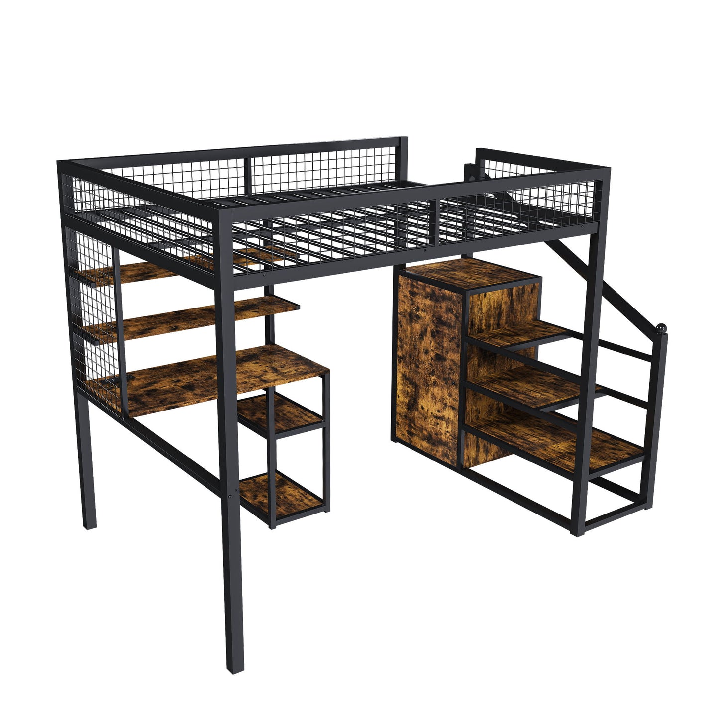 Full Size Loft Bed With Desk & Wardrobe Heavy Frame, Built In Staircase, Storage Rack & Shelves Gaming Bed - Black - The Sleep Loft - Online Mattress Showroom NYC