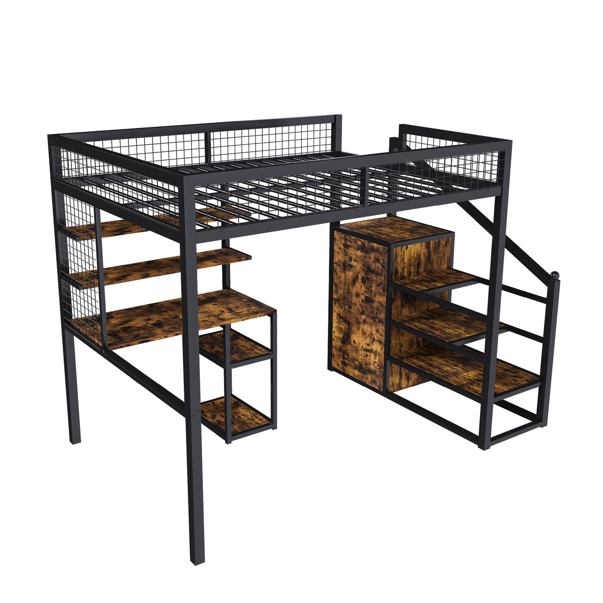 Full Size Loft Bed With Desk & Wardrobe Heavy Frame, Built In Staircase, Storage Rack & Shelves Gaming Bed - Black - The Sleep Loft - Online Mattress Showroom NYC