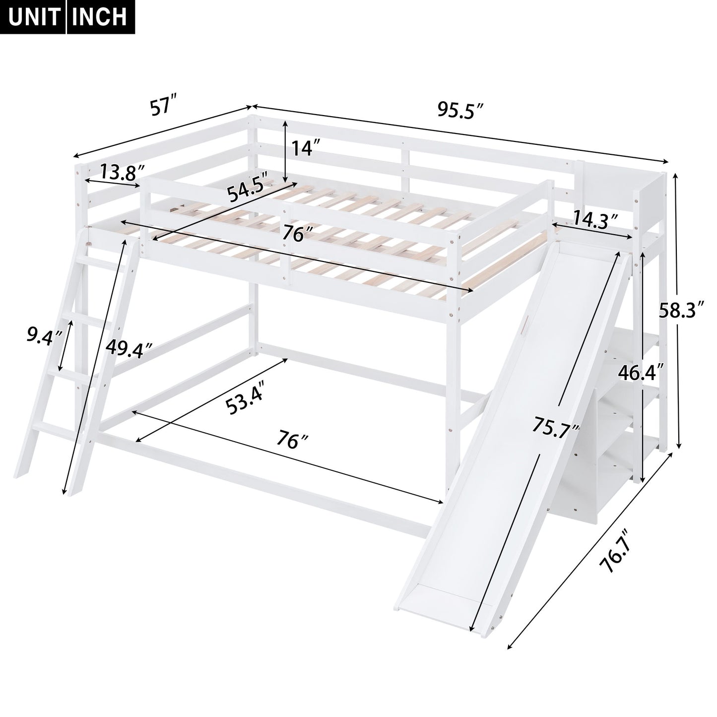 Bunk Bed With Ladder, Slide, And Shelves Pine Wood - The Sleep Loft - Online Mattress Showroom NYC