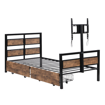 Twin Size Platform Bed With Headboard And Footboard, 2 Storage Drawers And Rotatable TV Stand - Black - The Sleep Loft - Online Mattress Showroom NYC