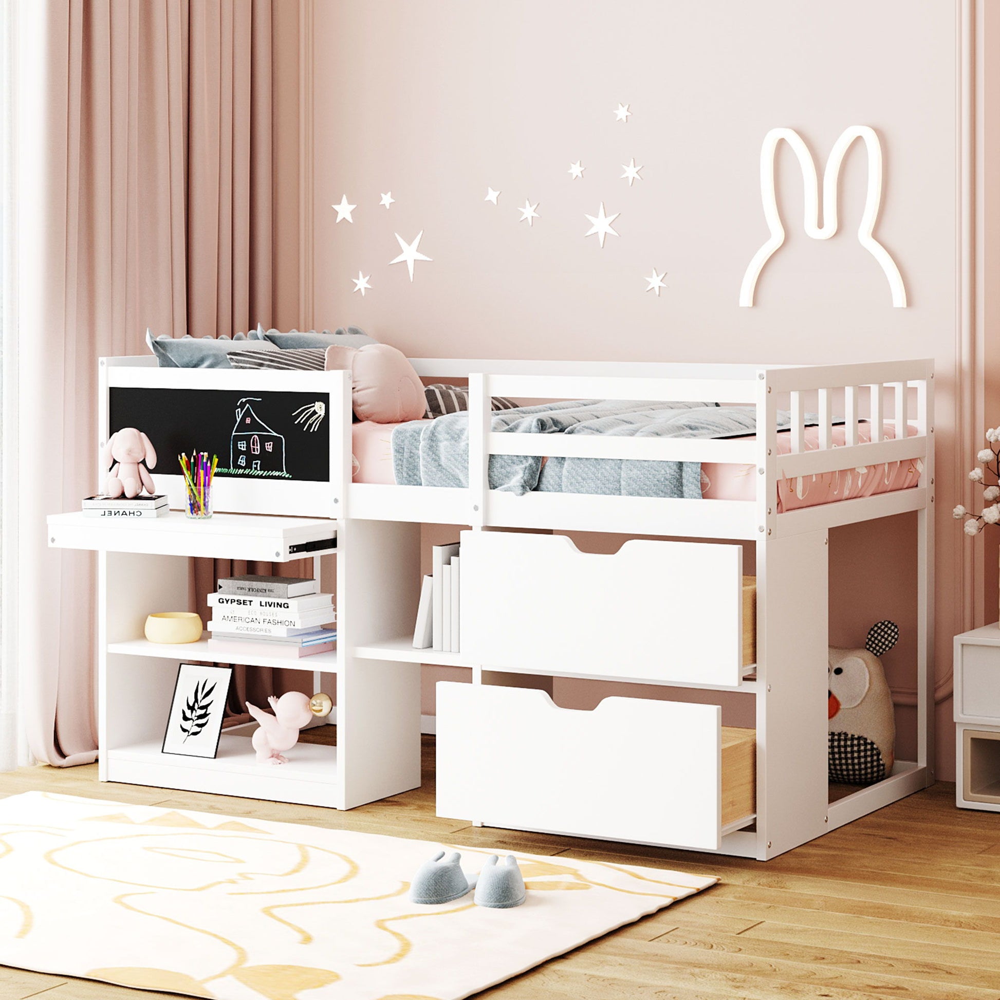 Low Loft Bed With Rolling Desk, Shelf And Drawers - The Sleep Loft - Online Mattress Showroom NYC