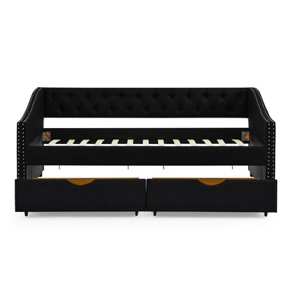 Upholstered Tufted Daybed With 2 Drawers, Waved Arms - The Sleep Loft - Online Mattress Showroom NYC