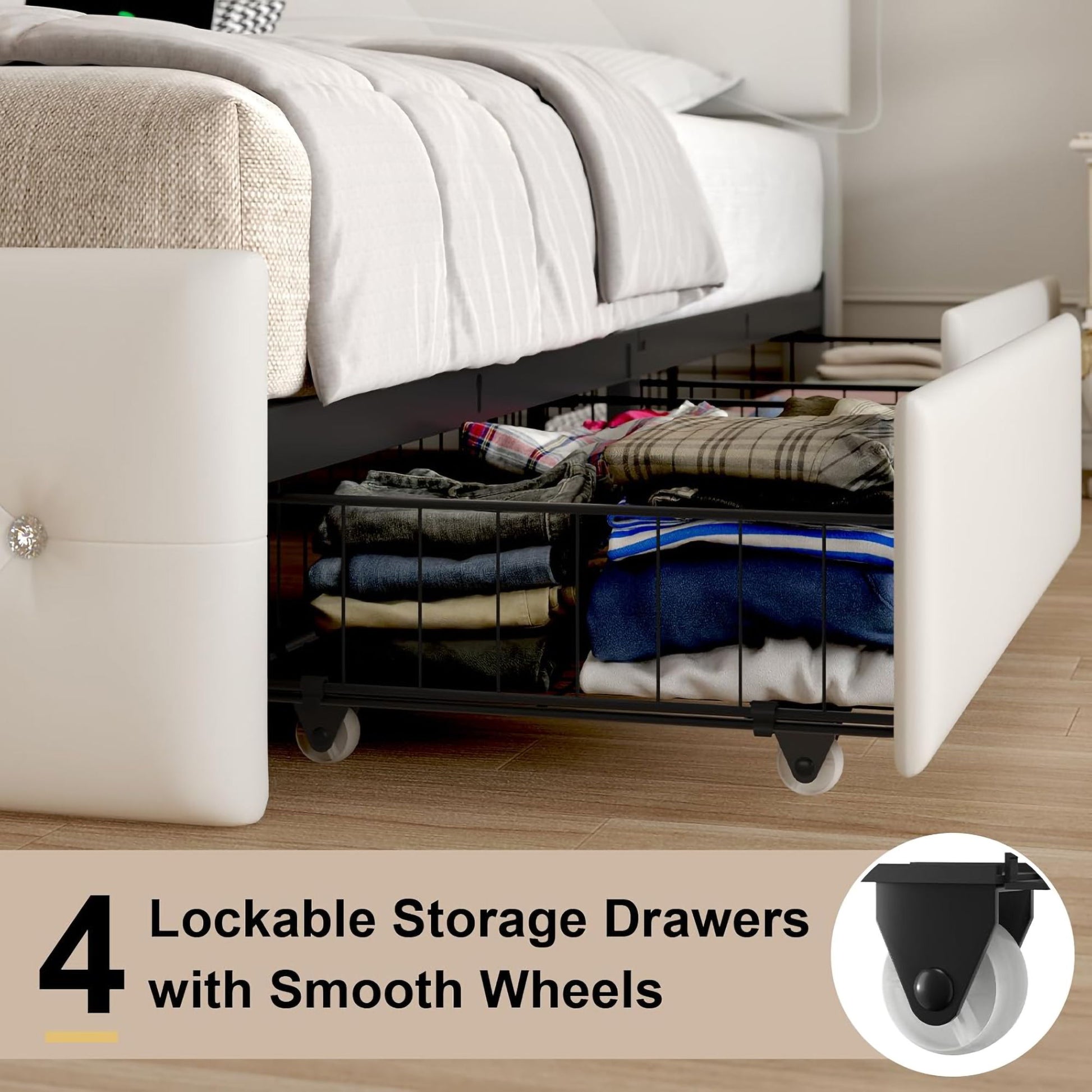 Upholstered Bed Frame With LED Lights, 4 Storage Drawers, Charging Station - The Sleep Loft - Online Mattress Showroom NYC