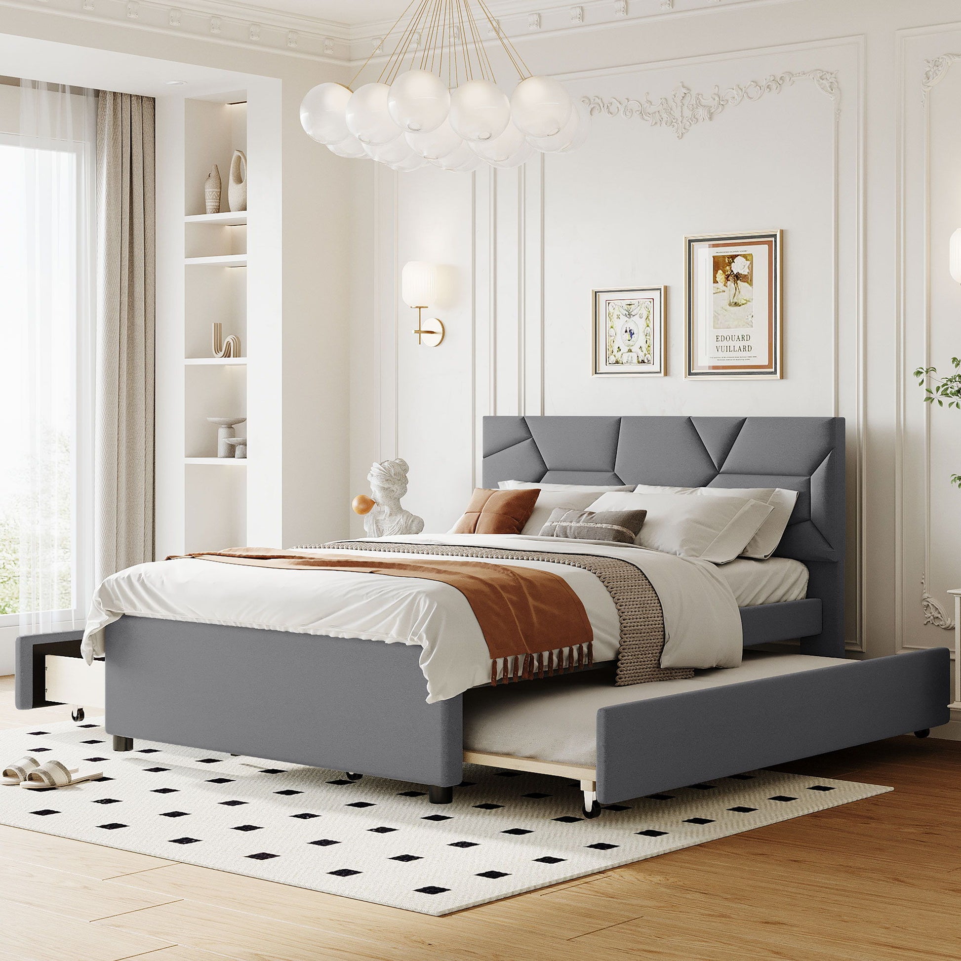 Upholstered Platform Bed With Brick Pattern Headboard And Twin Long Size Trundle - The Sleep Loft - Online Mattress Showroom NYC