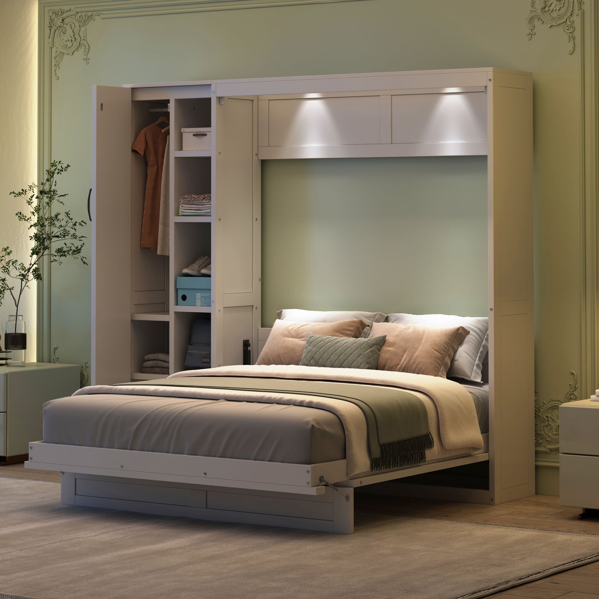 Murphy Wall Bed With Shelves, Wardrobe And LED Lights - The Sleep Loft - Online Mattress Showroom NYC