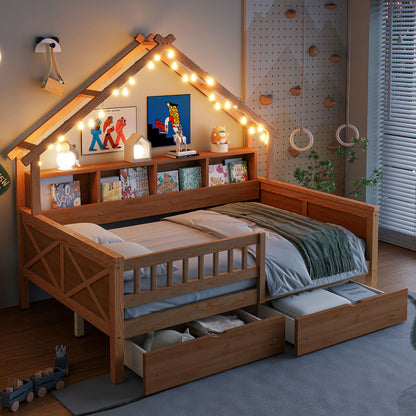 House Style Platform Bed With LED Lights, Storage Shelves, Drawers, And Guardrail - The Sleep Loft - Online Mattress Showroom NYC