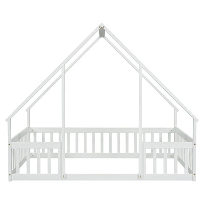 Wood House-Shaped Floor Bed With Fence, Guardrails - The Sleep Loft - Online Mattress Showroom NYC