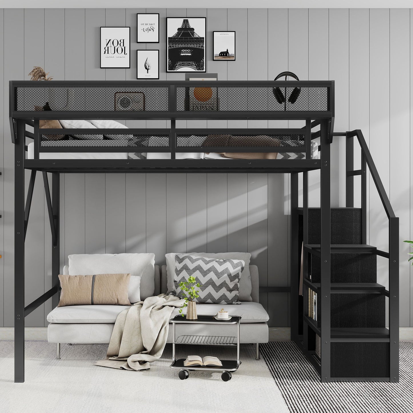 Queen Size Loft Bed With Stairs, Storage Shelves, Wardrobe - Black - The Sleep Loft - Online Mattress Showroom NYC