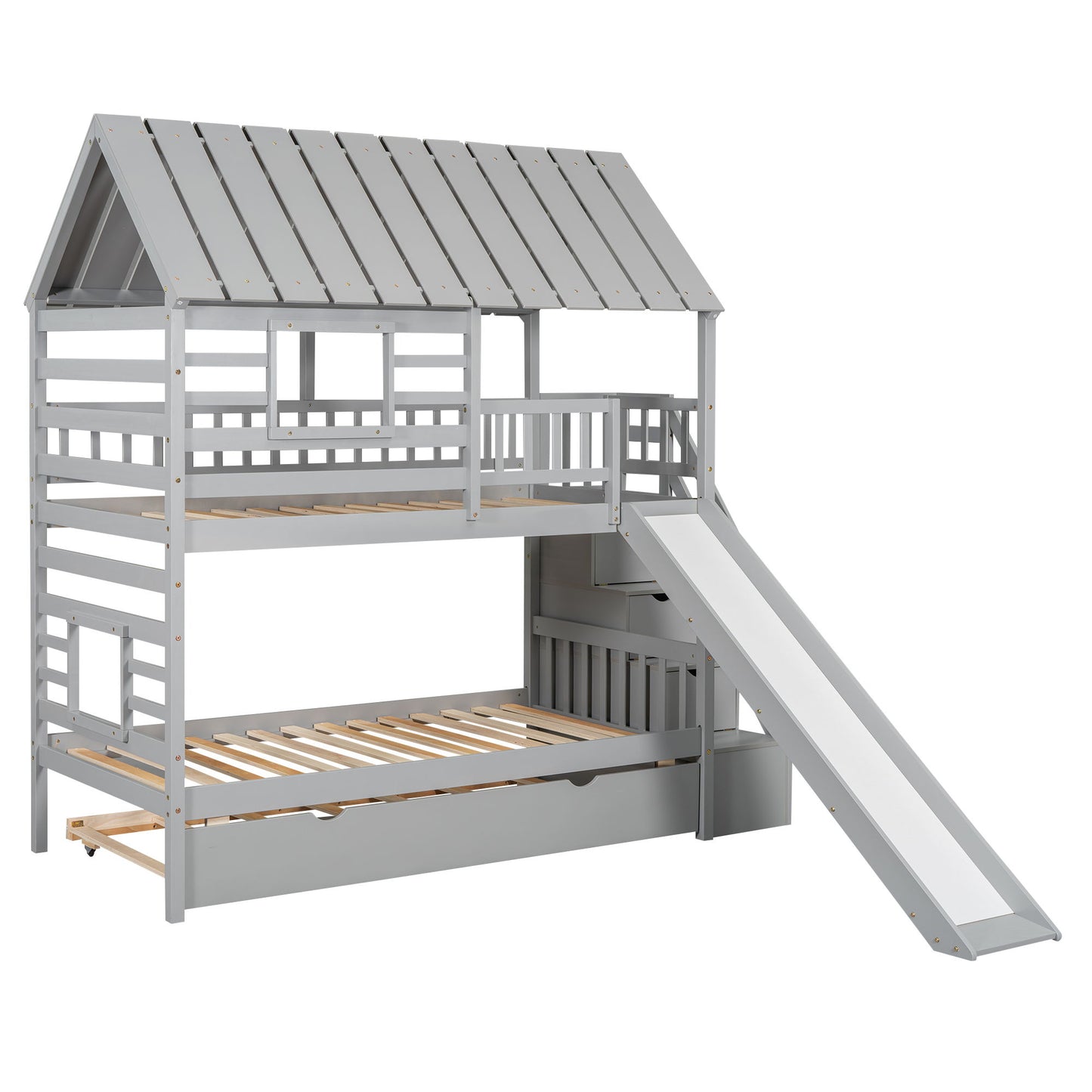 House Bunk Bed With Trundle, Storage Staircase, Roof And Window Design - The Sleep Loft - Online Mattress Showroom NYC