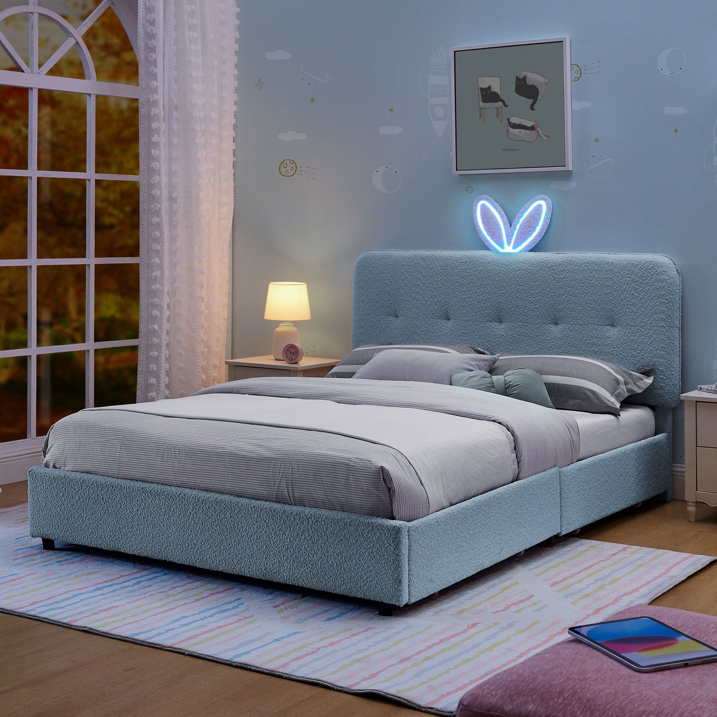 Upholstered Bed With Oversized Rabbit Ear Headboard, LED Lights & 4 Storage Drawers - The Sleep Loft - Online Mattress Showroom NYC