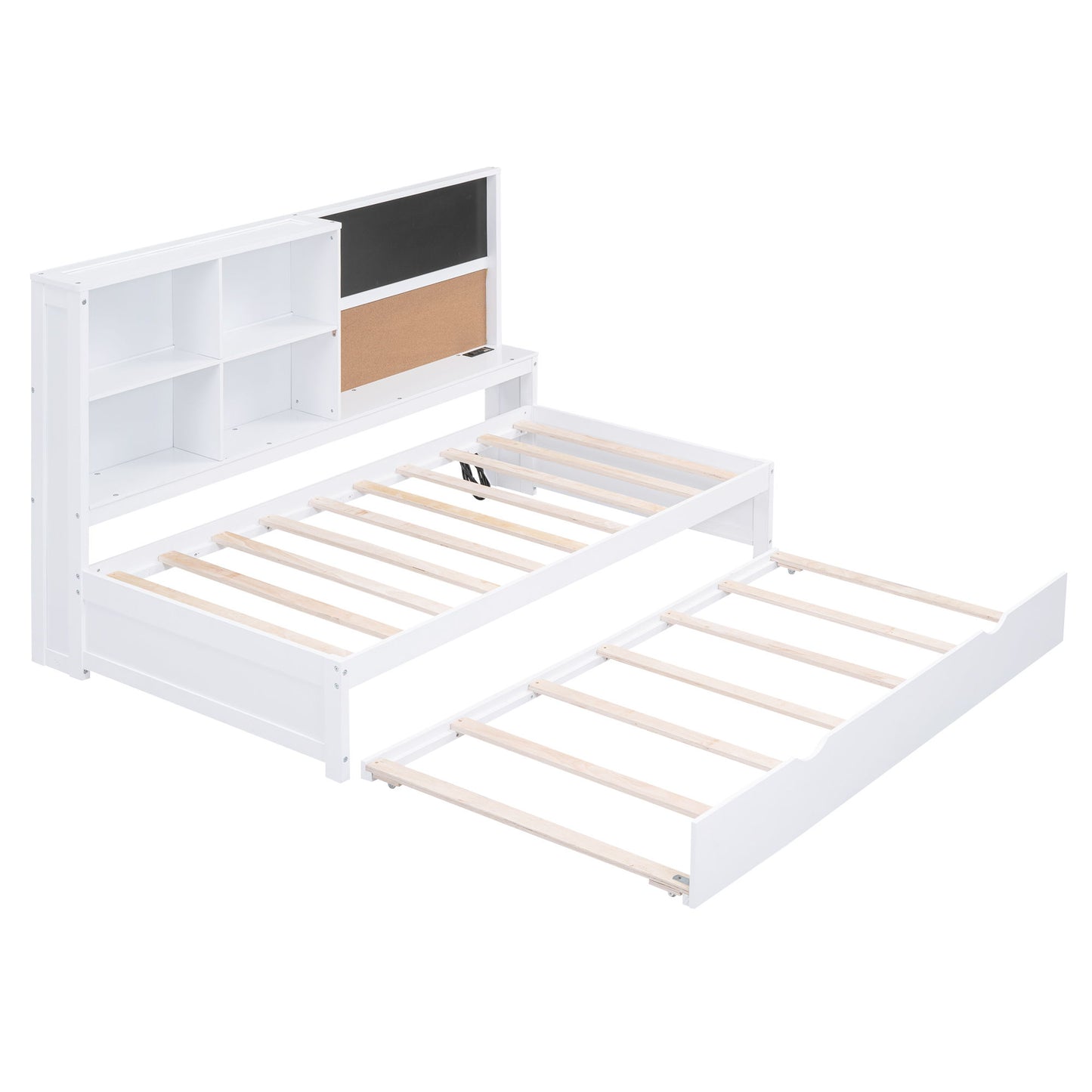 Twin Size Daybed With Storage Shelvesboard, Cork Board, USB Ports And Trundle - White - The Sleep Loft - Online Mattress Showroom NYC
