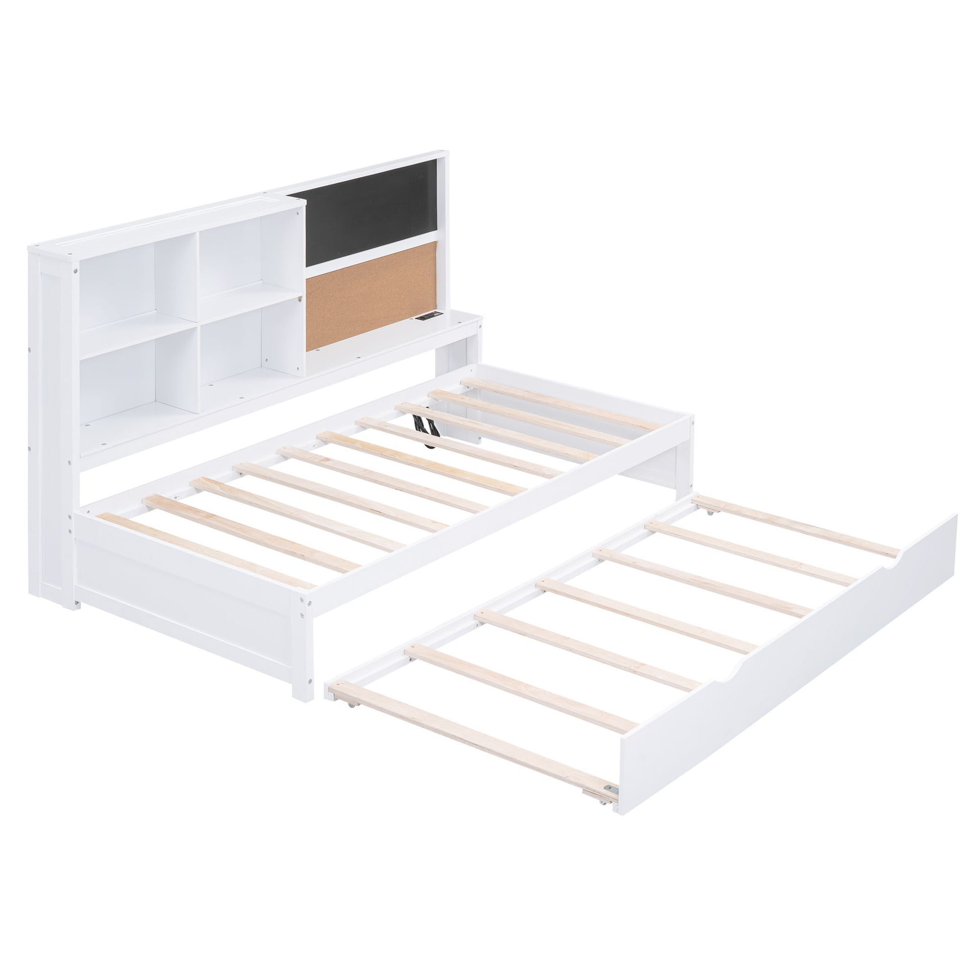 Twin Size Daybed With Storage Shelvesboard, Cork Board, USB Ports And Trundle - White - The Sleep Loft - Online Mattress Showroom NYC