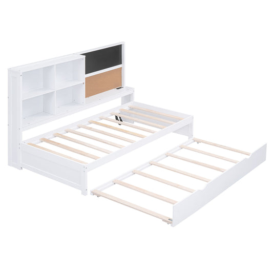 Twin Size Daybed With Storage Shelvesboard, Cork Board, USB Ports And Trundle - White - The Sleep Loft - Online Mattress Showroom NYC
