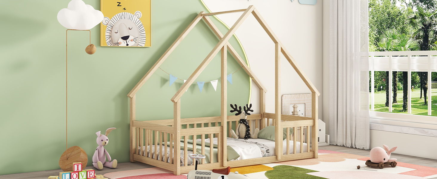 Wood House-Shaped Floor Bed With Fence, Guardrails - The Sleep Loft - Online Mattress Showroom NYC