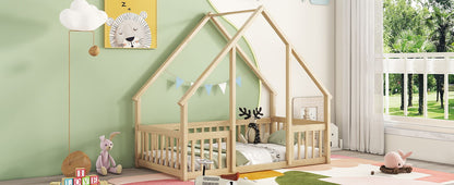 Wood House-Shaped Floor Bed With Fence, Guardrails - The Sleep Loft - Online Mattress Showroom NYC