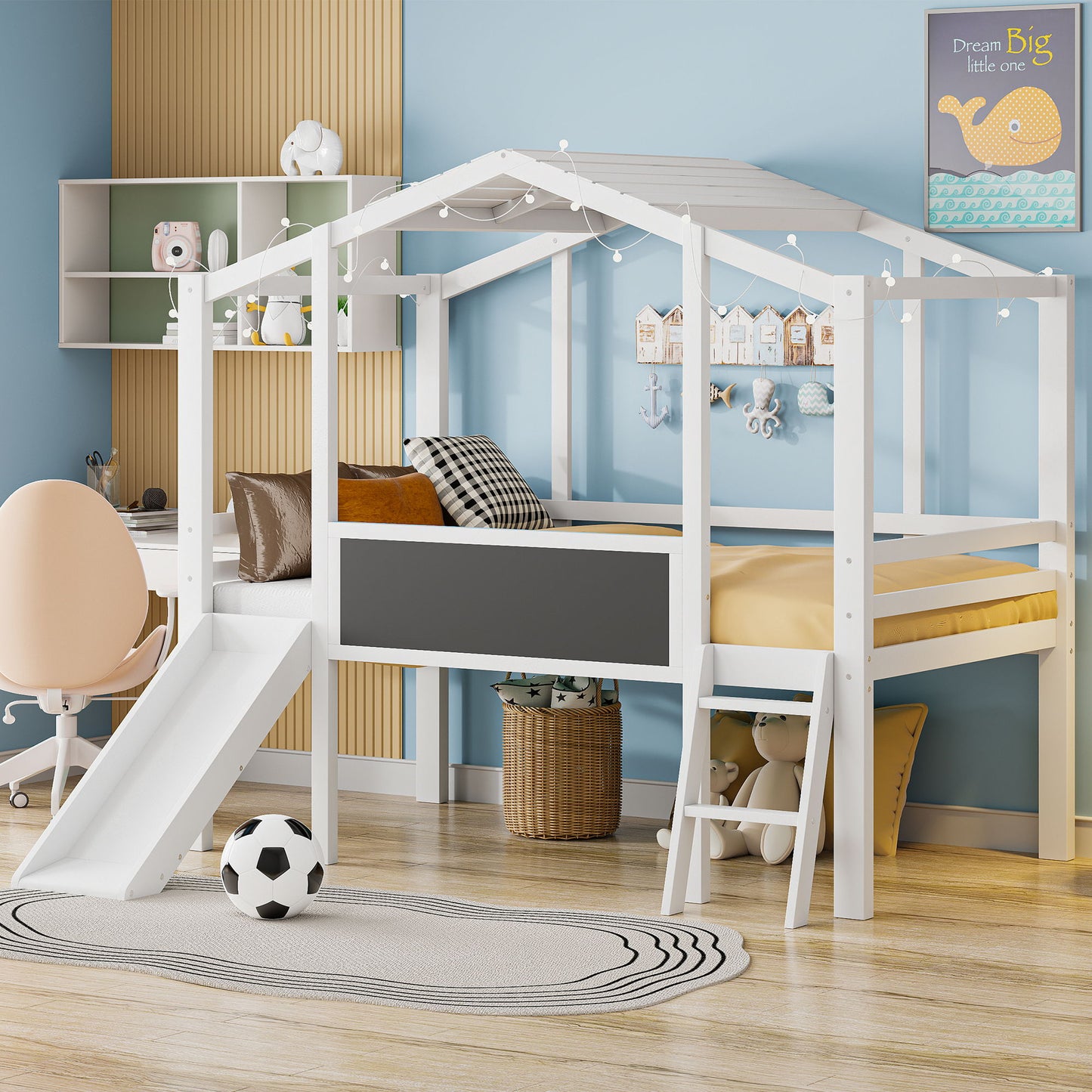 Loft House Bed With Ladder And Slide, With board And Light Strip On The Roof - The Sleep Loft - Online Mattress Showroom NYC