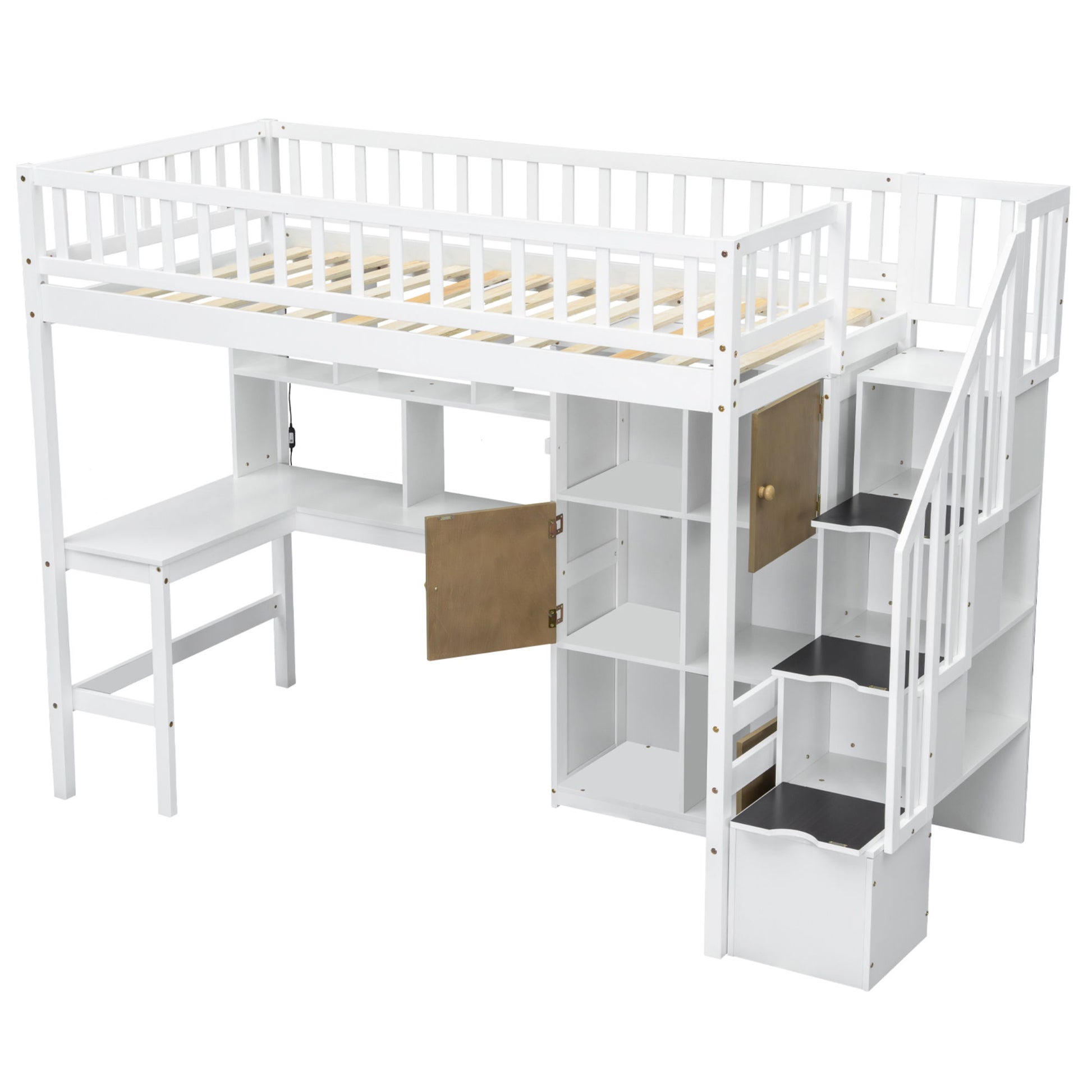 Loft Bed With Built In L Shaped Desk, LED Lights, Storage Shelves, Cabinets, And Staircase - The Sleep Loft - Online Mattress Showroom NYC