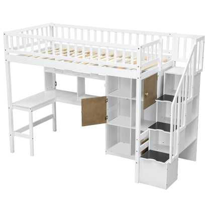 Loft Bed With Built In L Shaped Desk, LED Lights, Storage Shelves, Cabinets, And Staircase - The Sleep Loft - Online Mattress Showroom NYC