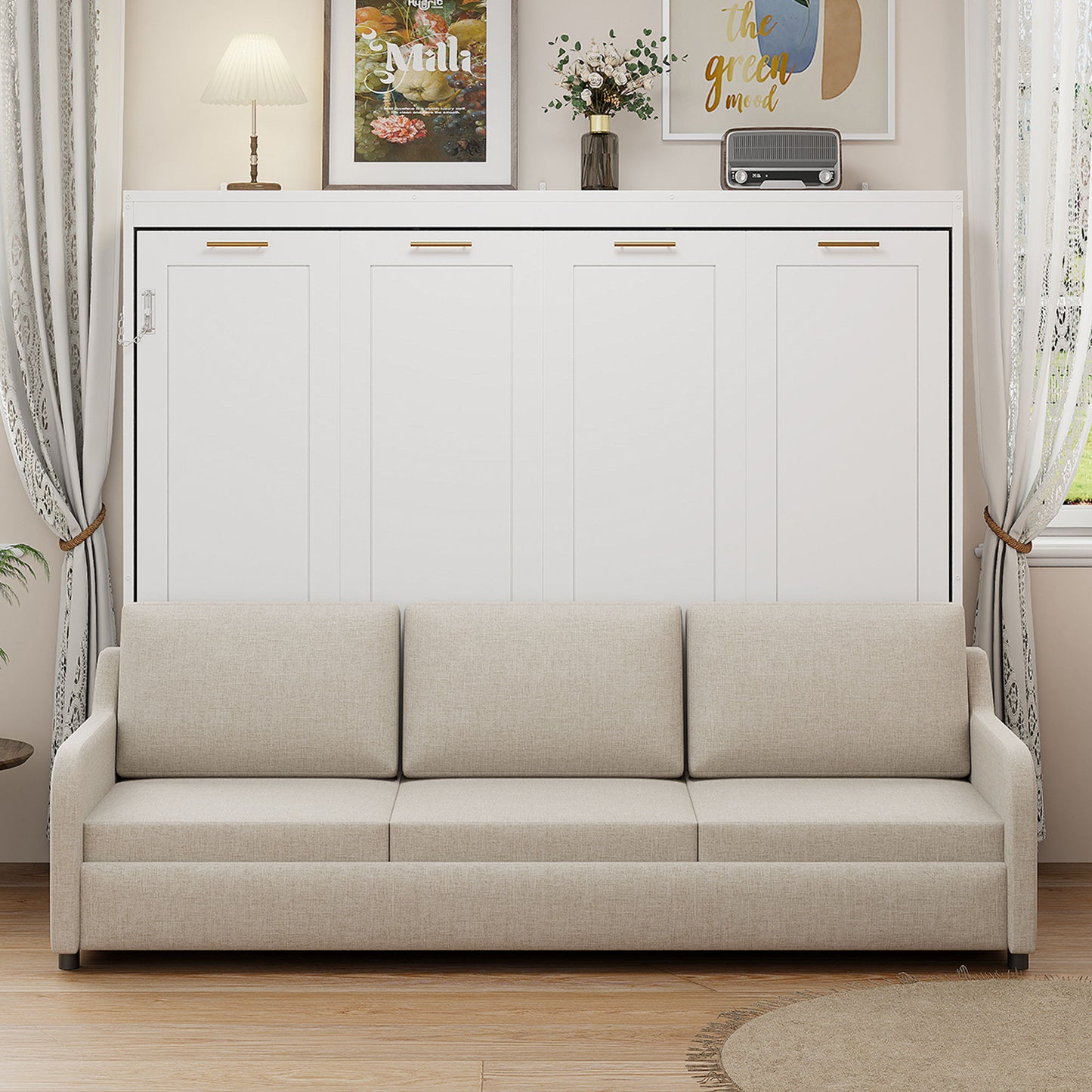 Murphy Cabinet Bed With Folding Sofa, Built In Storage Shelves And LED Light