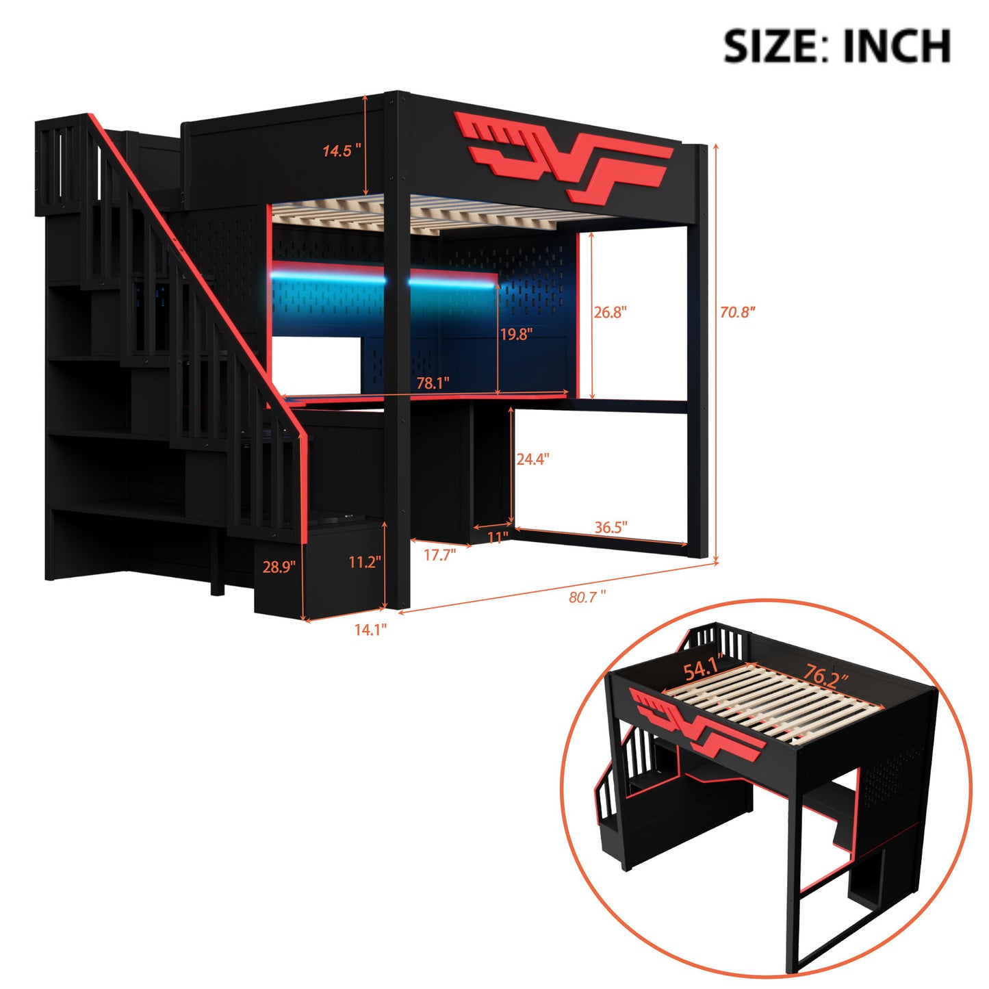 Full Gaming Loft Bed With Desk And Storage Staircase, LED Lights And USB - Red / Black - The Sleep Loft - Online Mattress Showroom NYC