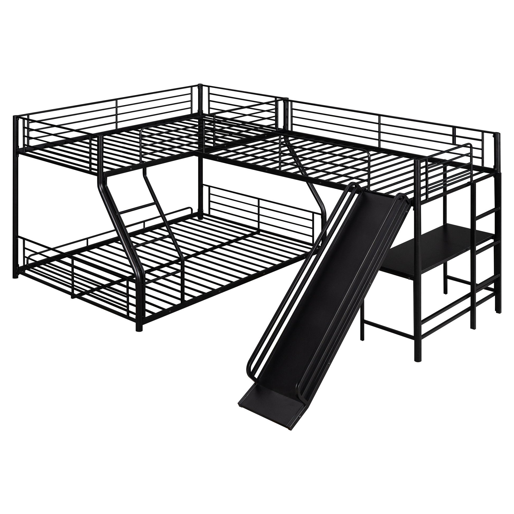 L-Shaped Twin Over Full Bunk Bed With Twin Loft, Built In Desk And Slide - Black - The Sleep Loft - Online Mattress Showroom NYC