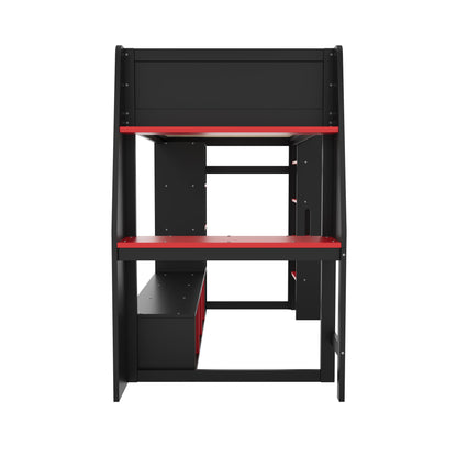 Gaming Loft Bed With Desk, Multi Storage Shelves, LED Lighting, And Hanging Clothes Rack - The Sleep Loft - Online Mattress Showroom NYC