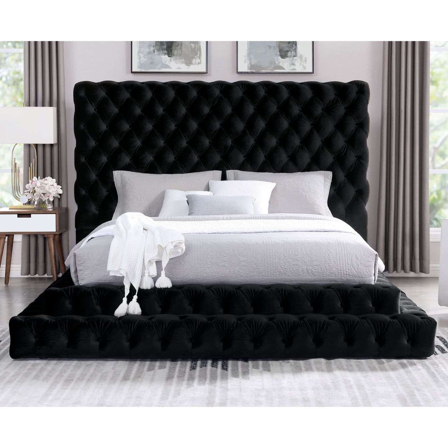 Tufted Oversized Headboard Platform Bed With Fully Upholstered Frame