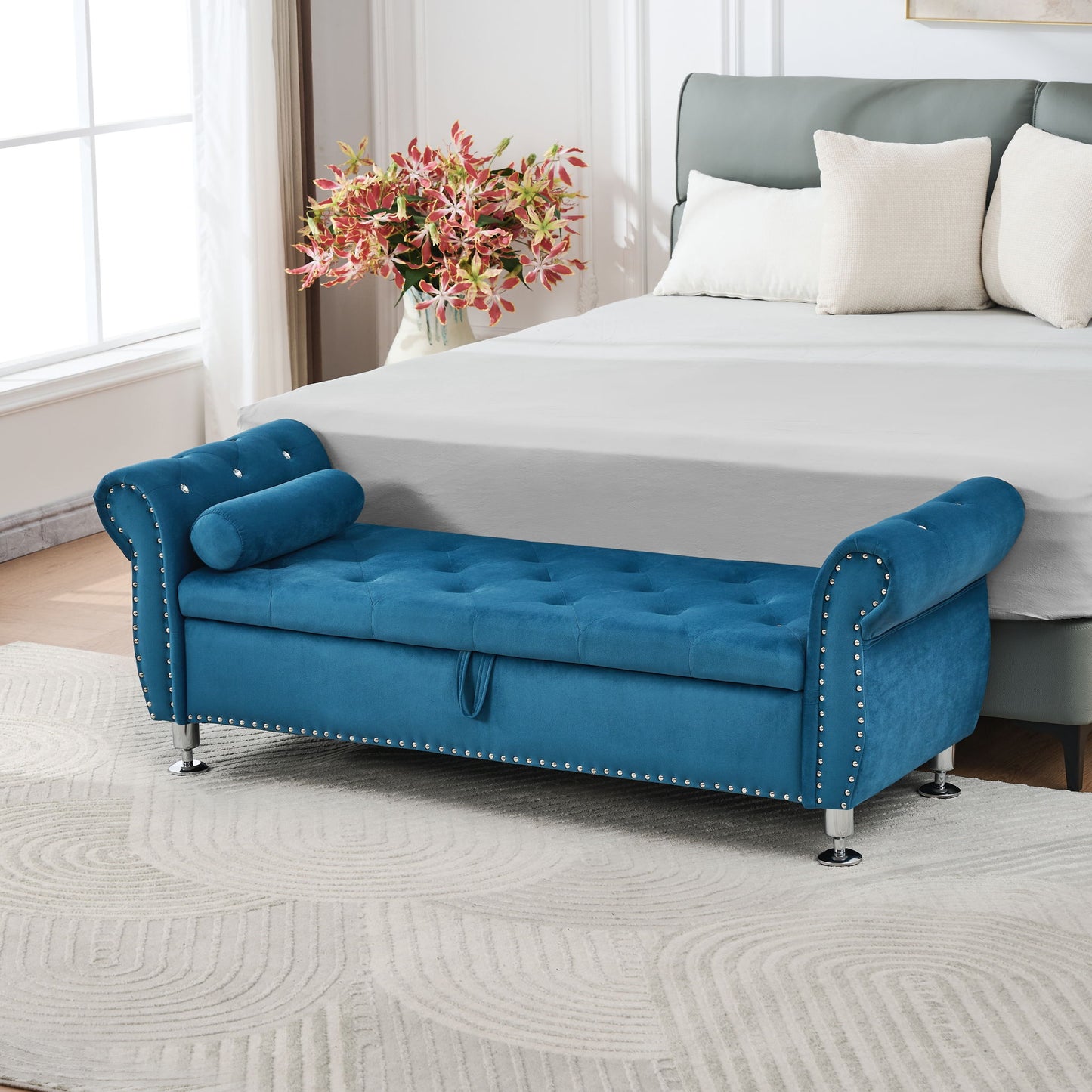 Storage Bench With Crystal Buttons And 1 Pillow For Bedroom - The Sleep Loft - Online Mattress Showroom NYC