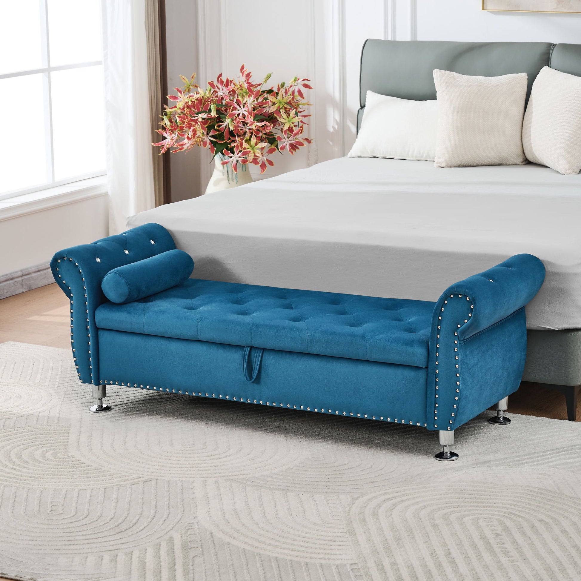 Storage Bench With Crystal Buttons And 1 Pillow For Bedroom - The Sleep Loft - Online Mattress Showroom NYC