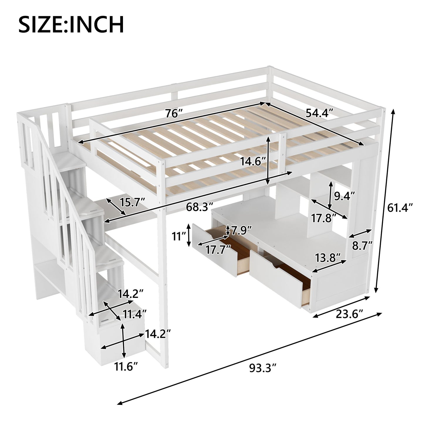 Full Size Loft Bed With Desk And Shelves, 2 Built In Drawers, Storage Staircase - White - The Sleep Loft - Online Mattress Showroom NYC