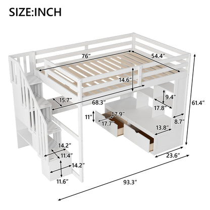 Full Size Loft Bed With Desk And Shelves, 2 Built In Drawers, Storage Staircase - White - The Sleep Loft - Online Mattress Showroom NYC