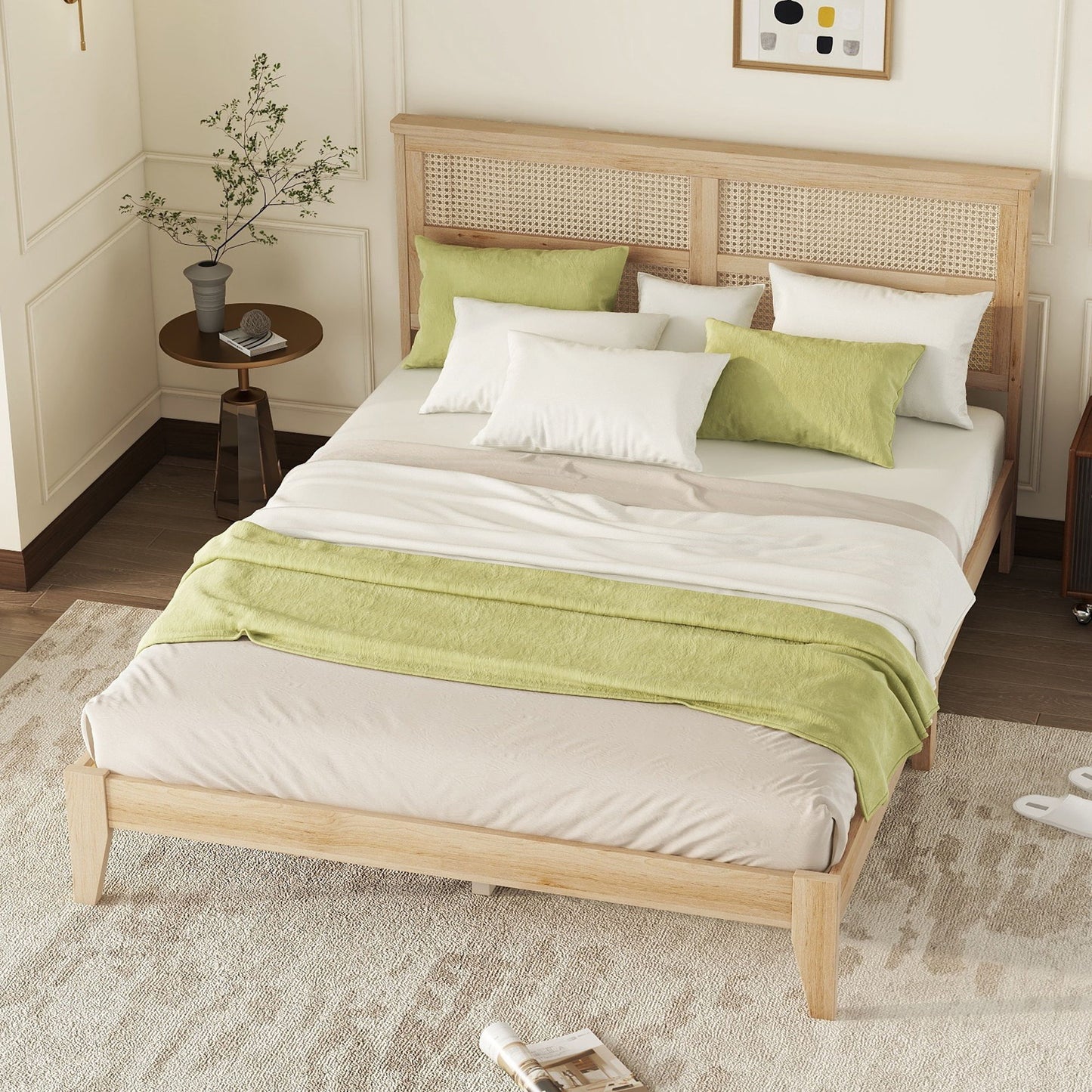 Queen Size Rubber Wooden, Solid Wooden Bed With Rattan Headboard, Enhanced By Support Feet - Natural - The Sleep Loft - Online Mattress Showroom NYC
