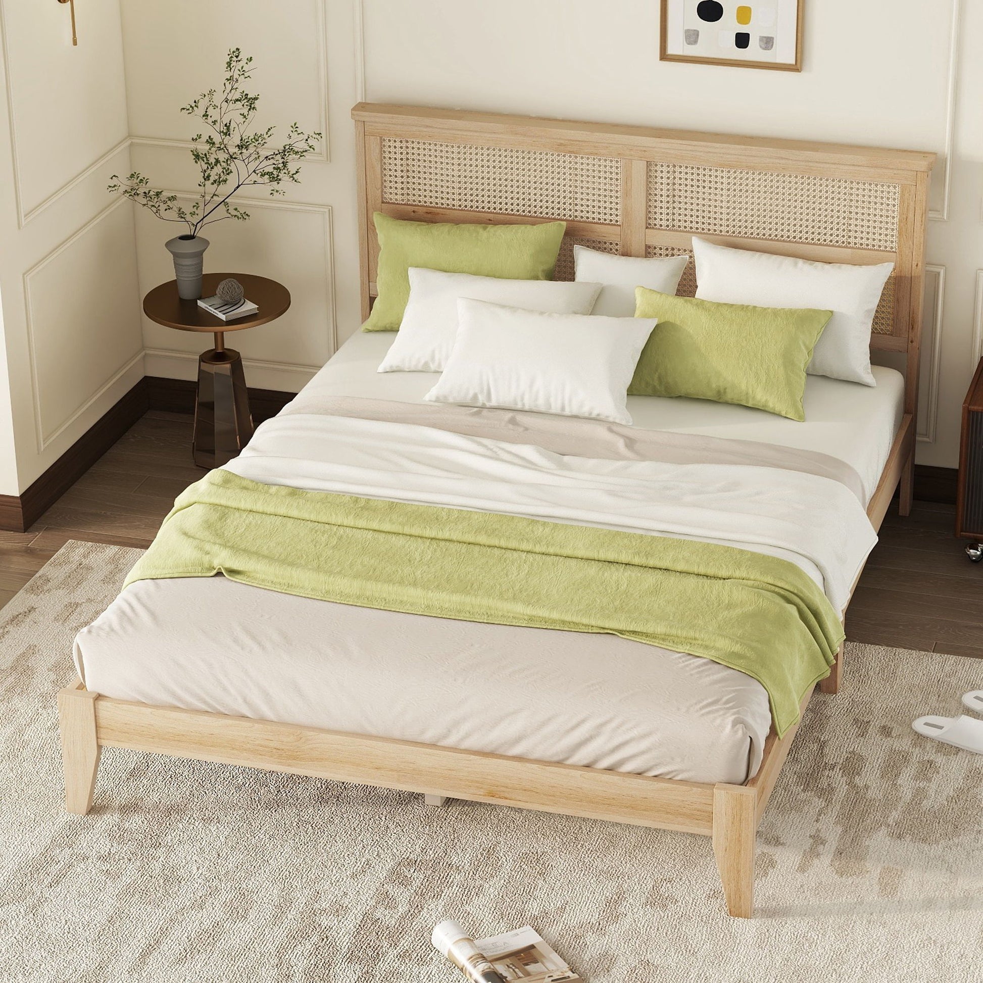 Queen Size Rubber Wooden, Solid Wooden Bed With Rattan Headboard, Enhanced By Support Feet - Natural - The Sleep Loft - Online Mattress Showroom NYC