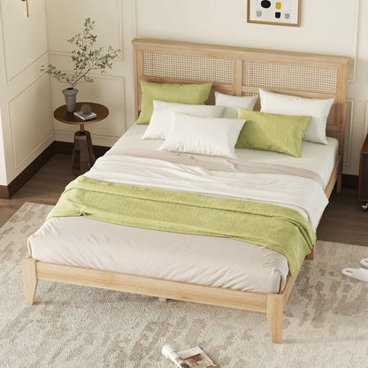 Queen Size Rubber Wooden, Solid Wooden Bed With Rattan Headboard, Enhanced By Support Feet - Natural - The Sleep Loft - Online Mattress Showroom NYC