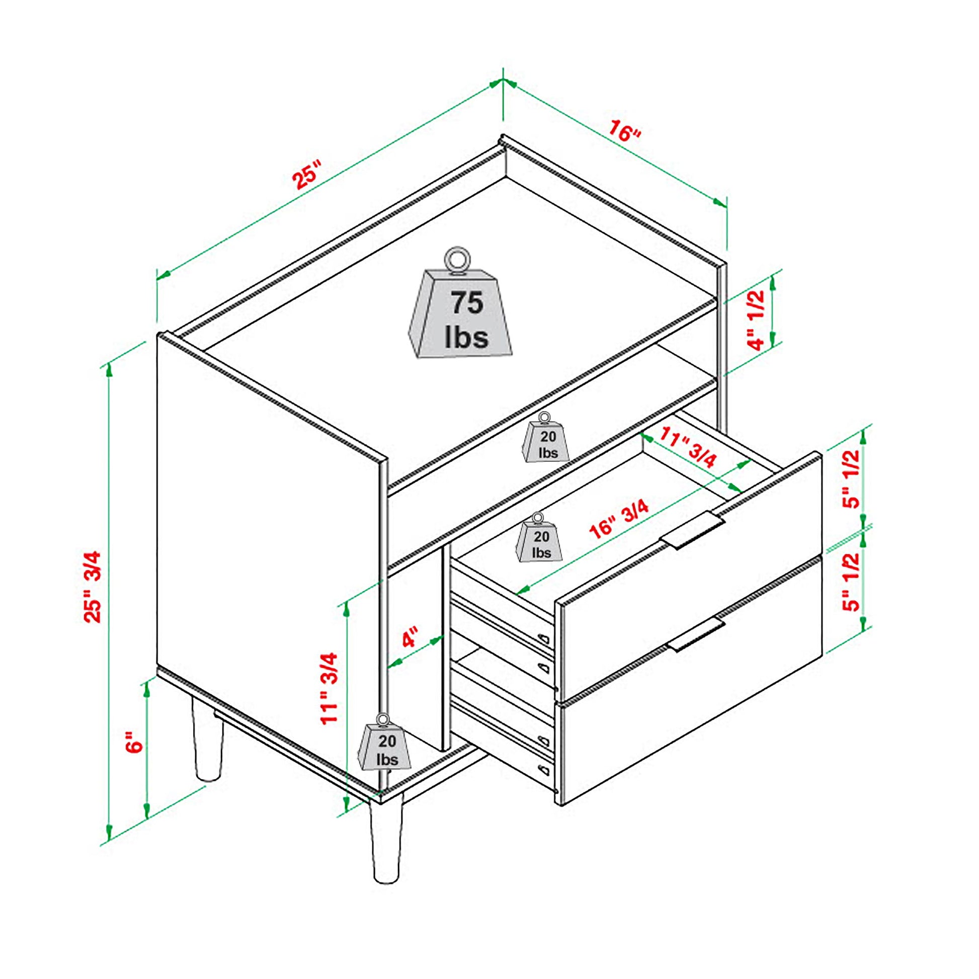 Mid-Century Modern Solid Wood 2 Drawer Gallery Nightstand - The Sleep Loft - Online Mattress Showroom NYC