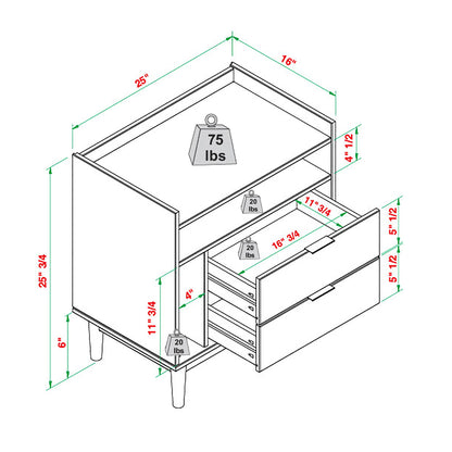 Mid-Century Modern Solid Wood 2 Drawer Gallery Nightstand - The Sleep Loft - Online Mattress Showroom NYC