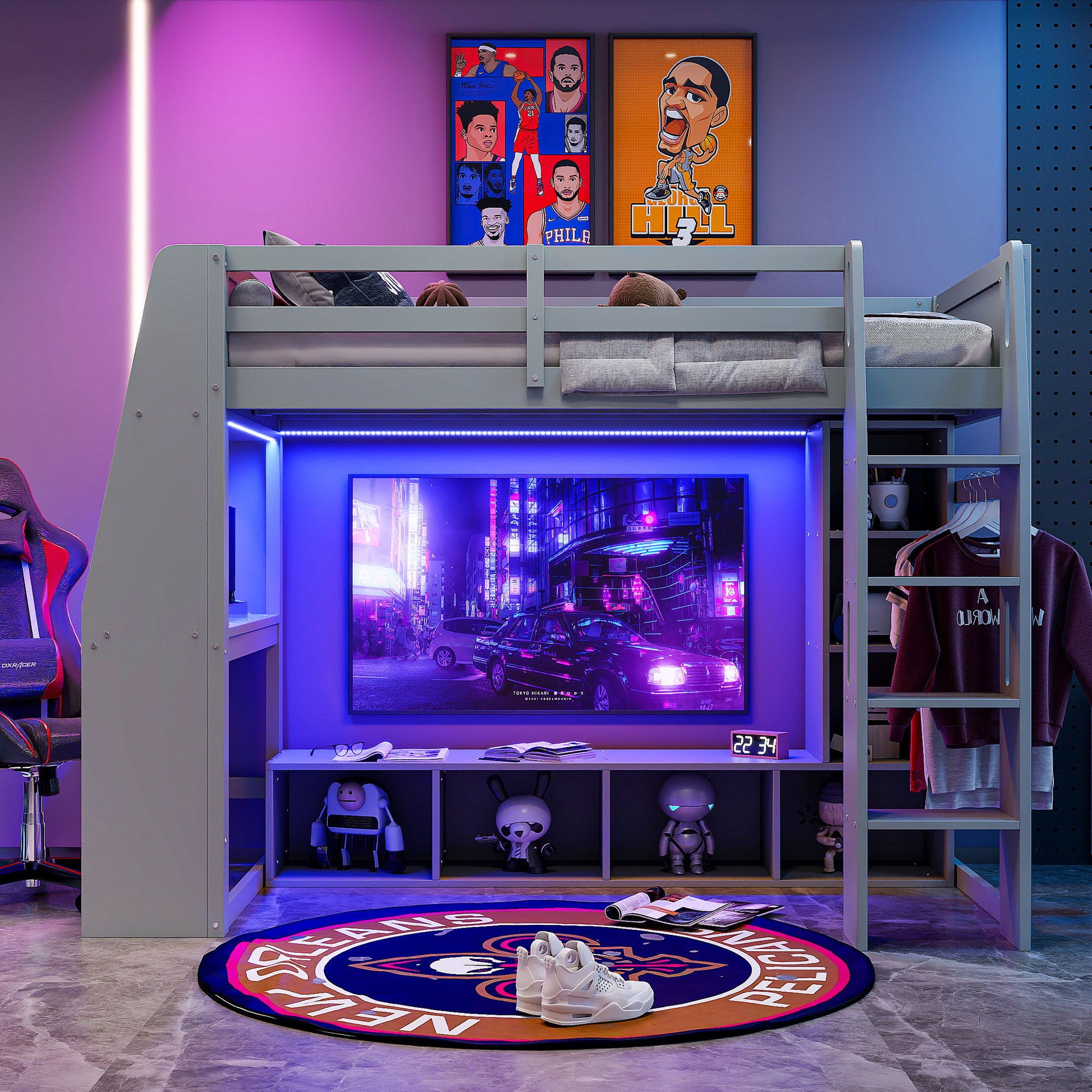 Gaming Loft Bed With Desk, Multi Storage Shelves, LED Lighting, And Hanging Clothes Rack - The Sleep Loft - Online Mattress Showroom NYC