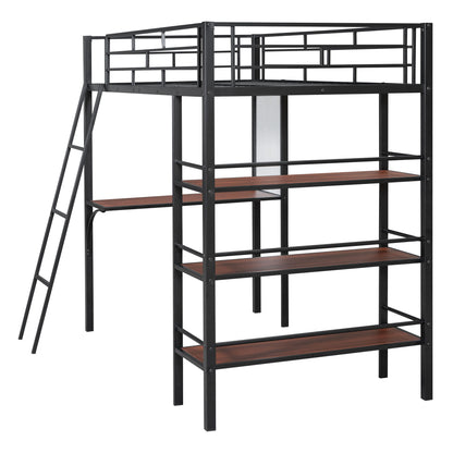 Loft Metal Bed With 3 Layers Of Shelves And Desk, Stylish Metal Frame Bed With board - The Sleep Loft - Online Mattress Showroom NYC