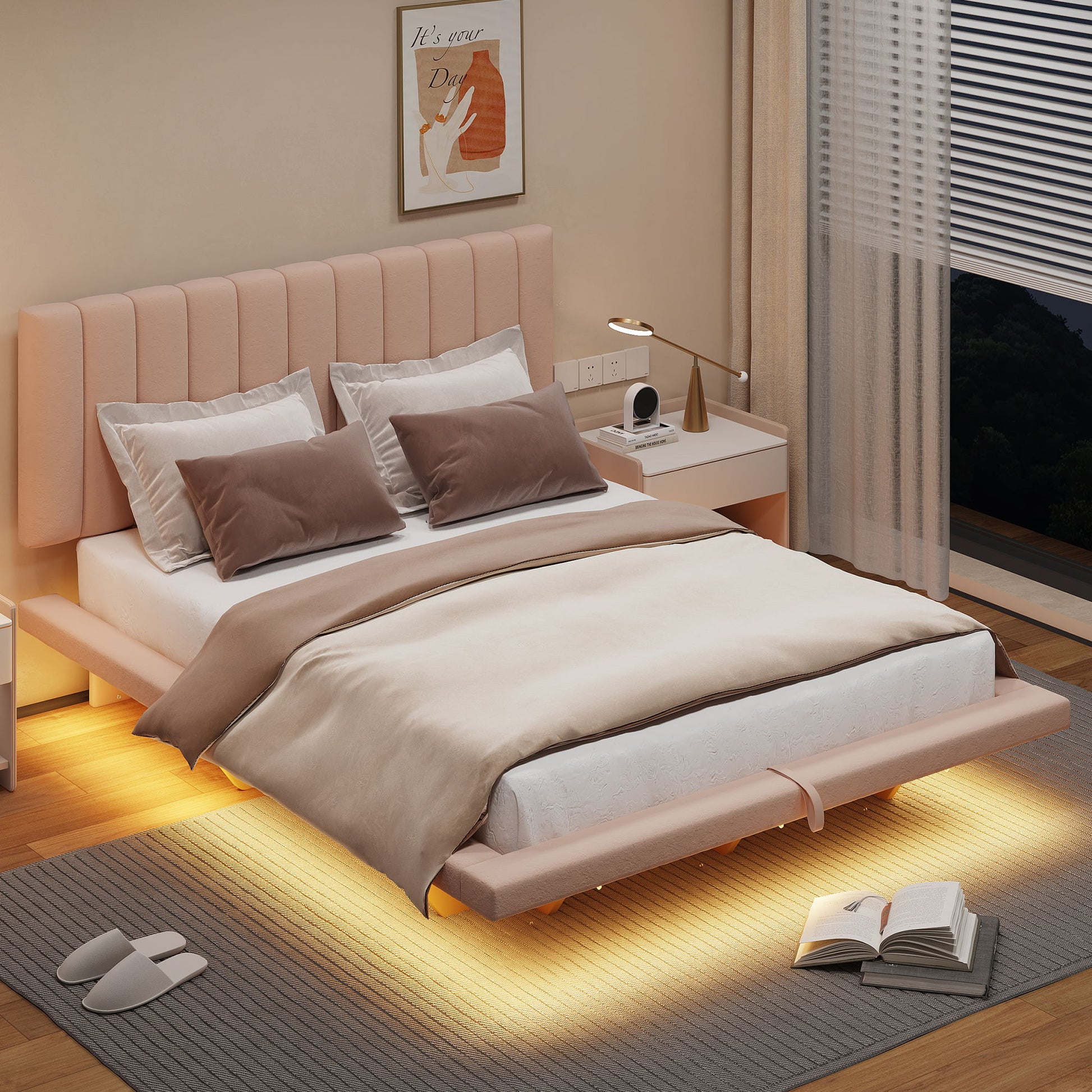 Upholstered Floating Hydrualic Platform Bed With LED Light And USB Port - The Sleep Loft - Online Mattress Showroom NYC