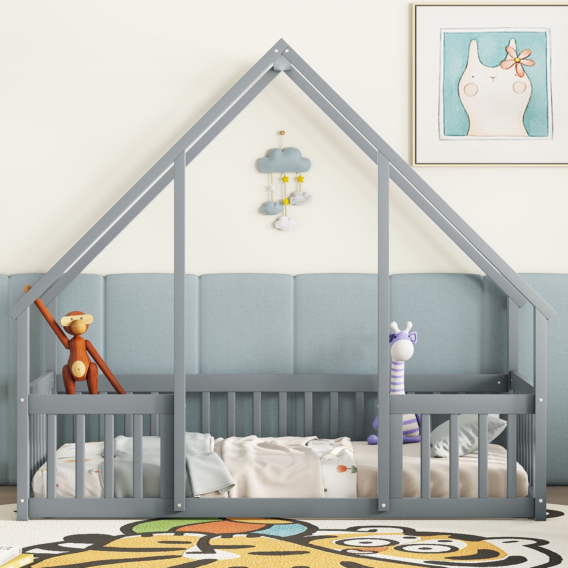 Wood House-Shaped Floor Bed With Fence, Guardrails - The Sleep Loft - Online Mattress Showroom NYC