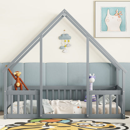 Wood House-Shaped Floor Bed With Fence, Guardrails - The Sleep Loft - Online Mattress Showroom NYC