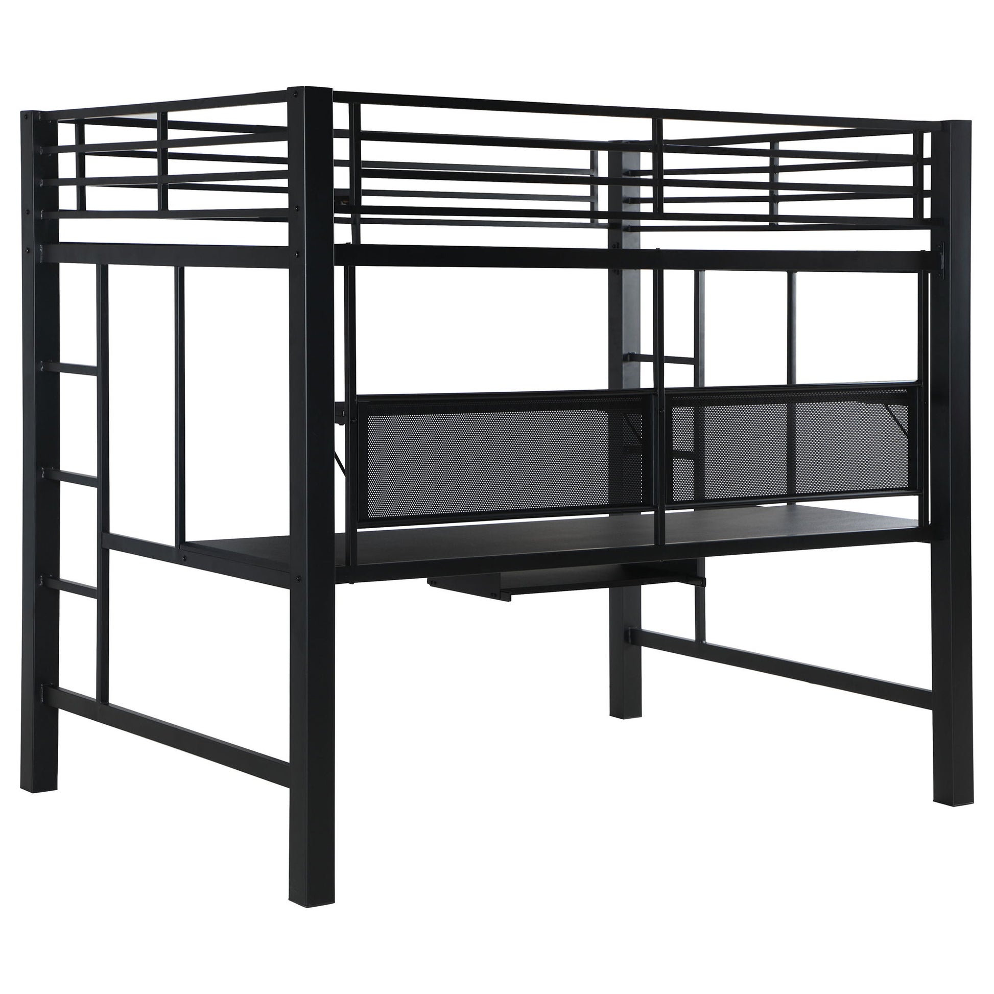 Ranier - Full Workstation Loft Bed, Full Length Desk, Safety Rails And Storage Shelves - Black - The Sleep Loft - Online Mattress Showroom NYC