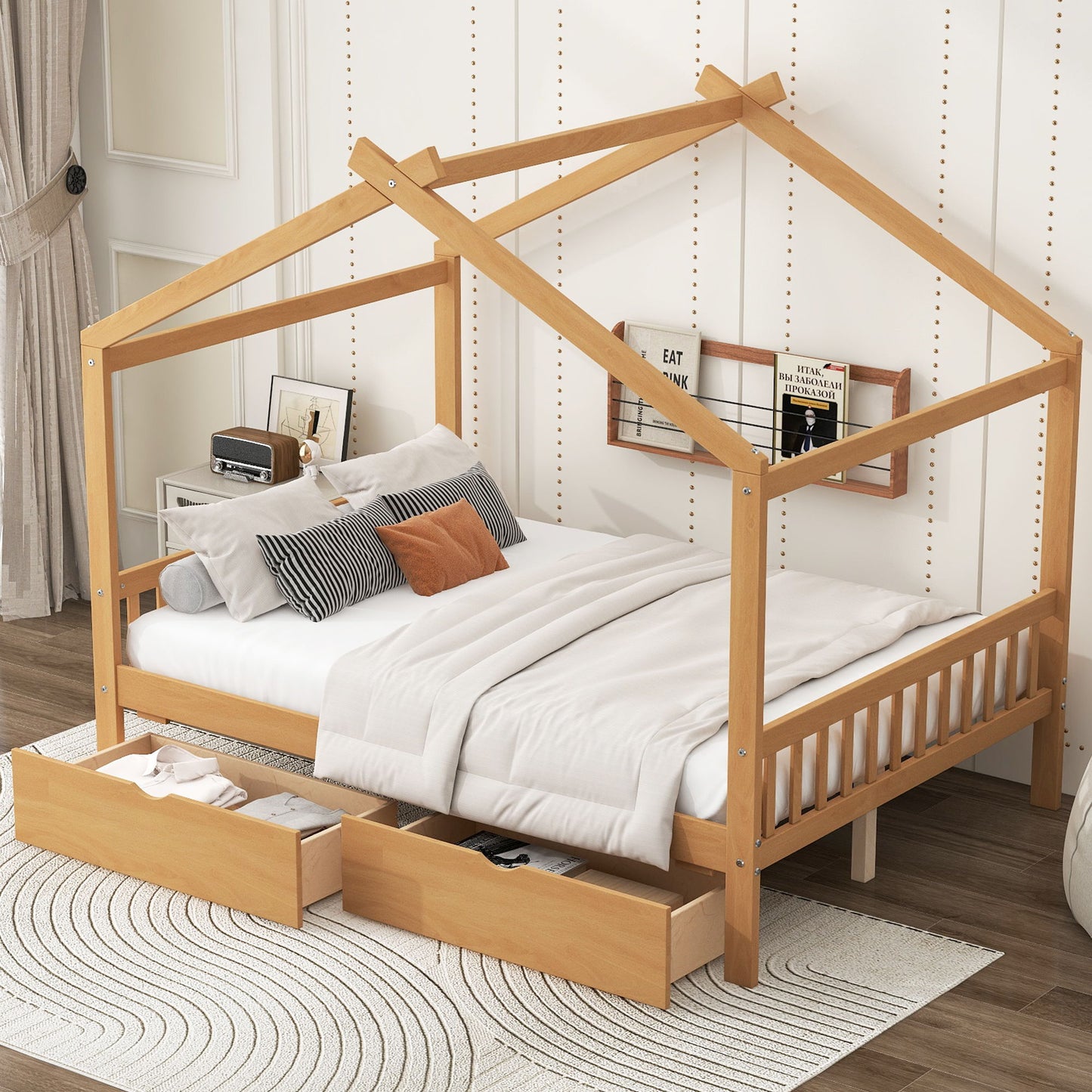House Style Platform Bed With Headboard, Footboard, 2 Drawers, And Roof Design - The Sleep Loft - Online Mattress Showroom NYC