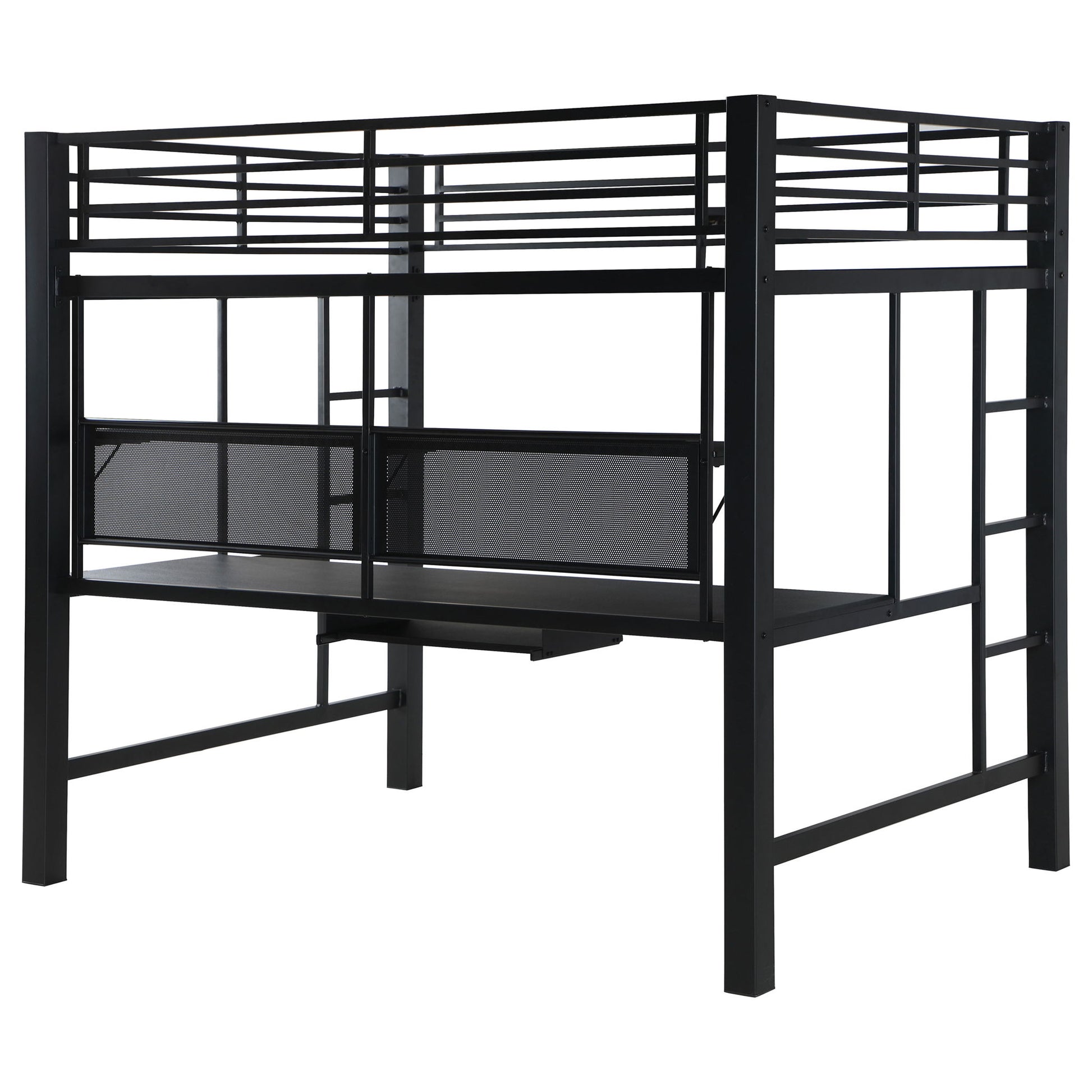 Ranier - Full Workstation Loft Bed, Full Length Desk, Safety Rails And Storage Shelves - Black - The Sleep Loft - Online Mattress Showroom NYC